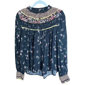 Free People Mixed Print Floral Boho Blouse S Black Ruffle Button Front Cottage